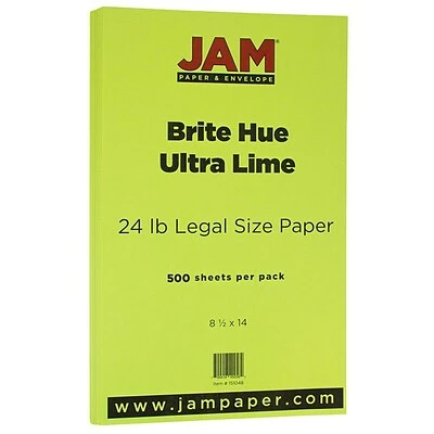 Wholesale 😉 JAM Paper® Smooth Colored Paper, 24 Lbs., 8.5" X 14", Ultra Lime Green, 500 Sheets/Ream (0151048B) 🌟